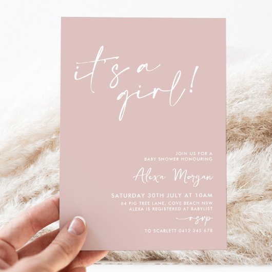 Invitation C'est une fille ! Baby shower rose minimal