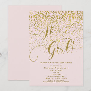 Invitation C'est une fille Baby Shower Rose & Or Confettis
