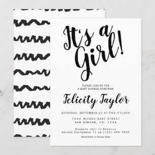 Invitation C'est une fille Baby shower typographie noir blanc