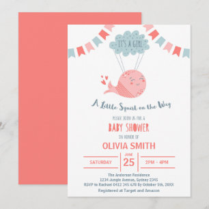 Invitation C'est une fille Baleine rose mignonne volant sur l