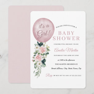 Invitation C'est une fille ballon Baby Shower Rose