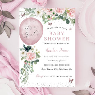 Invitation C'est une fille ballon papillon Baby Shower Rose