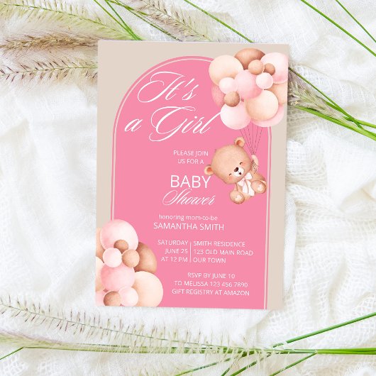 Invitation C'est une fille ballons roses beige arche d'ours e