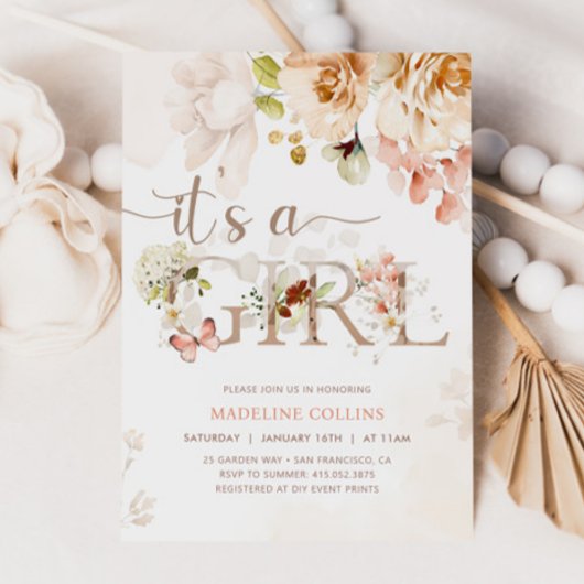 Invitation C'est une fille, bébé en fleurs, Baby shower de ja