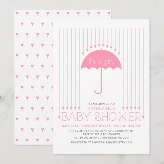 Invitation C'est une fille | Bébé sous les coeurs mignons et (Devant / Derrière)