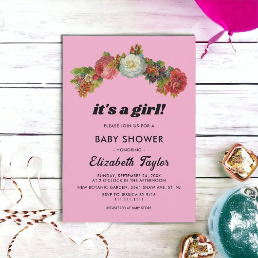Invitation C'est une fille Blush Country Roses Baby shower Fl