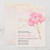 Invitation C'est une fille Blush rose Heart Balloons Baby sho (Devant / Derrière)