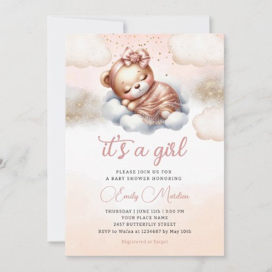 Invitation C'est une fille Boho Teddy Bear Blush baby shower (Devant)
