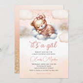 Invitation C'est une fille Boho Teddy Bear Blush baby shower (Devant / Derrière)