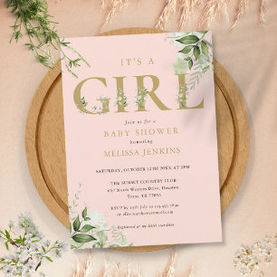 Invitation C'Est Une Fille Botanique Blush Baby shower Or Ros