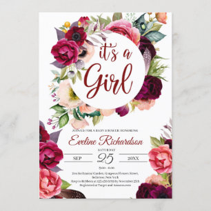 Invitation C'est une fille bourgogne rousse et un bébé floral