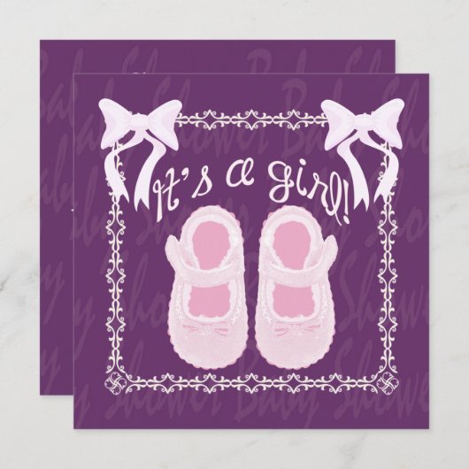 Invitation C'est une fille Bow Chaussures Baby shower violet (Devant / Derrière)