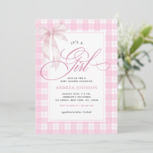 Invitation C'est une fille Bow & Pink En vichy Baby shower pl
