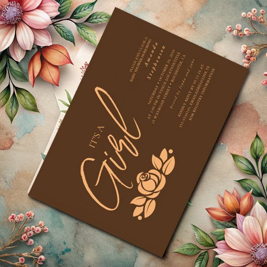 Invitation C'Est Une Fille Brown Baby shower Floral Or