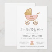 Invitation C'est une fille Carriage Rose Aquarelle Or Douche (Devant / Derrière)