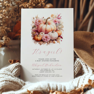 Invitation C'est une fille Citrouilles Florales Roses Bébé Sh