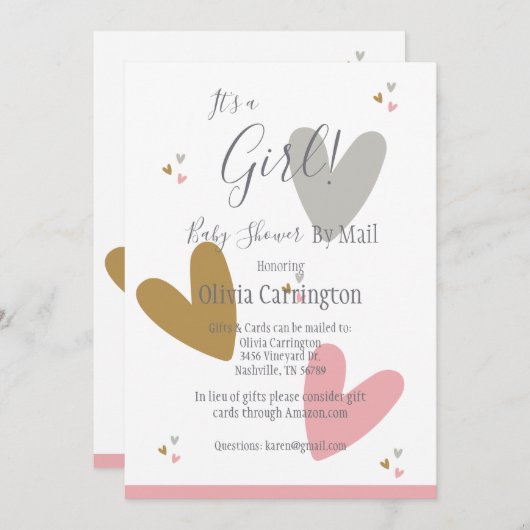 Invitation C'est une FILLE Coeurs roses Baby shower moderne p (Devant / Derrière)