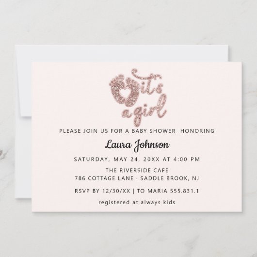 Invitation C'est une fille Custom New Baby Rose Parties scint (Devant)