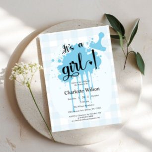 Invitation C'est une fille Douce Pastel Bleu Gingham Baby Sho