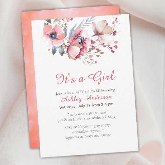Invitation C'est une fille, du texte de script, des fleurs, d