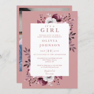 Invitation C'est une fille Dusty Rose Baby shower photo flora