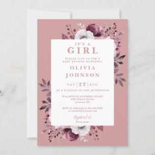 Invitation C'est une fille Dusty Rose Élégant Floral Baby Sho