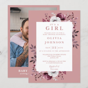 Invitation C'est une fille Dusty Rose Fleurie Photo Baby Show