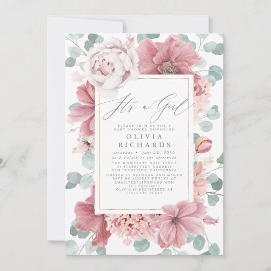 Invitation C'est une fille Dusty Rose Floral mignonne Baby sh (Devant)