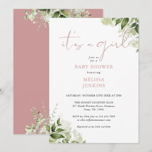 Invitation C'est une fille Dusty Rose Greenery Baby Shower