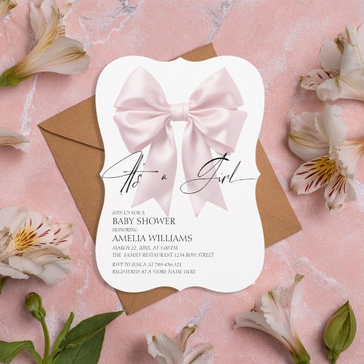 Invitation C'Est Une Fille Élégant Baby shower Bow Rose Doux