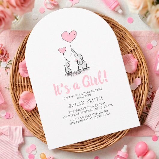 Invitation "C'est une fille" Éléphant Baby Shower