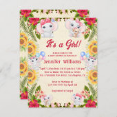 Invitation c'est une fille, éléphants baby shower rose tropic (Devant / Derrière)