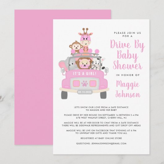 Invitation C'est une fille en voiture par Safari Baby shower  (Devant / Derrière)