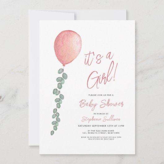 Invitation C'est une fille Eucalyptus Ballon de verdure Baby (Devant)