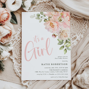 Invitation C'est une fille Fête de bébé Fleurs aquarelle rose