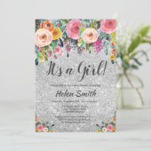 Invitation C'est une fille Fête de bébé Floral Pailleté Argen (Debout devant)