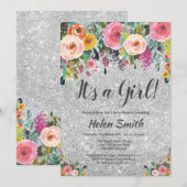 Invitation C'est une fille Fête de bébé Floral Pailleté Argen (Devant / Derrière)