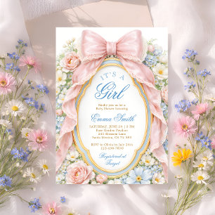 Invitation C'est une fille Fête Prénatale Coquette Rose Flora