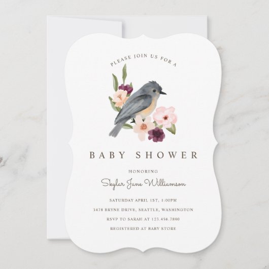 Invitation C'est une fille Fleurs aquarelles et petit oiseau (Devant)