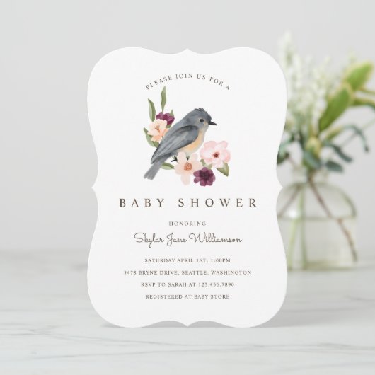 Invitation C'est une fille Fleurs aquarelles et petit oiseau  (Debout devant)