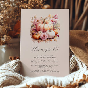 Invitation C'est une fille Floral Citrouilles Fard Rose Baby