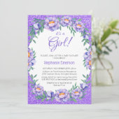Invitation C'Est Une Fille Floral Purple Parties scintillant (Debout devant)
