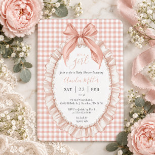 Invitation C'est une fille Gingham Coquette Noeud Baby Shower