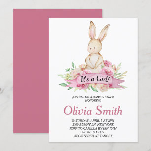 Invitation C'est une Fille Lapin Floral Aquarelle Baby Shower