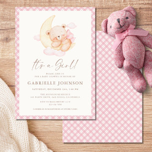 Invitation C'est une Fille Lune Rose Ours Baby Shower