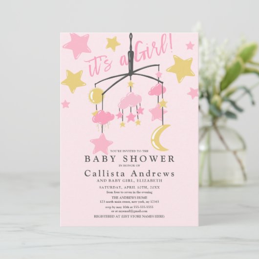 Invitation C'est une fille Lune Stars Baby shower mobile (Debout devant)