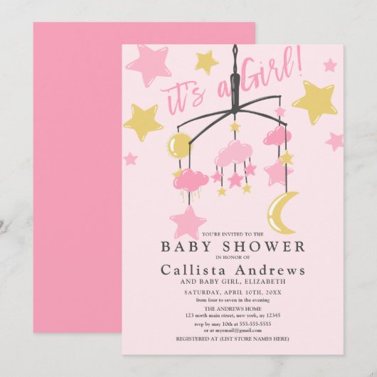Invitation C'est une fille Lune Stars Baby shower mobile (Devant / Derrière)