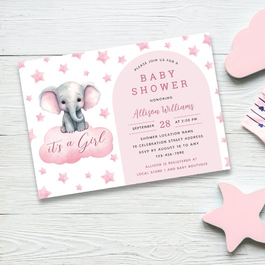 Invitation C'est une fille | Moderne Baby shower Eléphant Ros