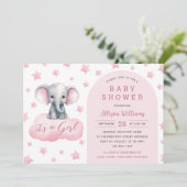 Invitation C'est une fille | Moderne Baby shower Eléphant Ros (Debout devant)