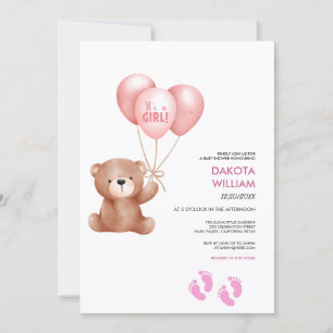 Invitation C'est une fille Ours en peluche Ballon Baby Shower